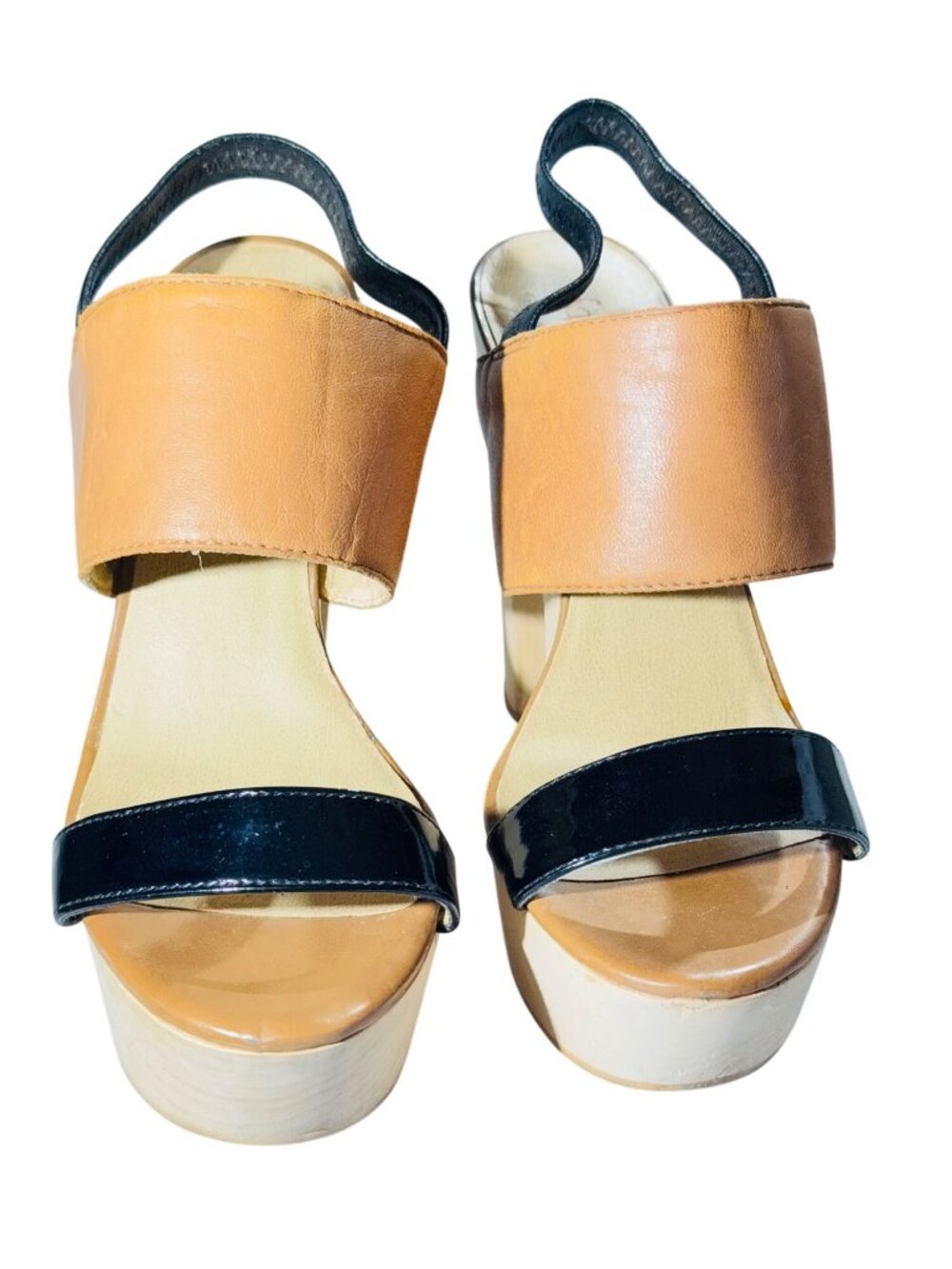 LEVITY Leather & Patent Platform Sandals With Elastic Strap & Wooden Block Heels - Picture 2 of 11